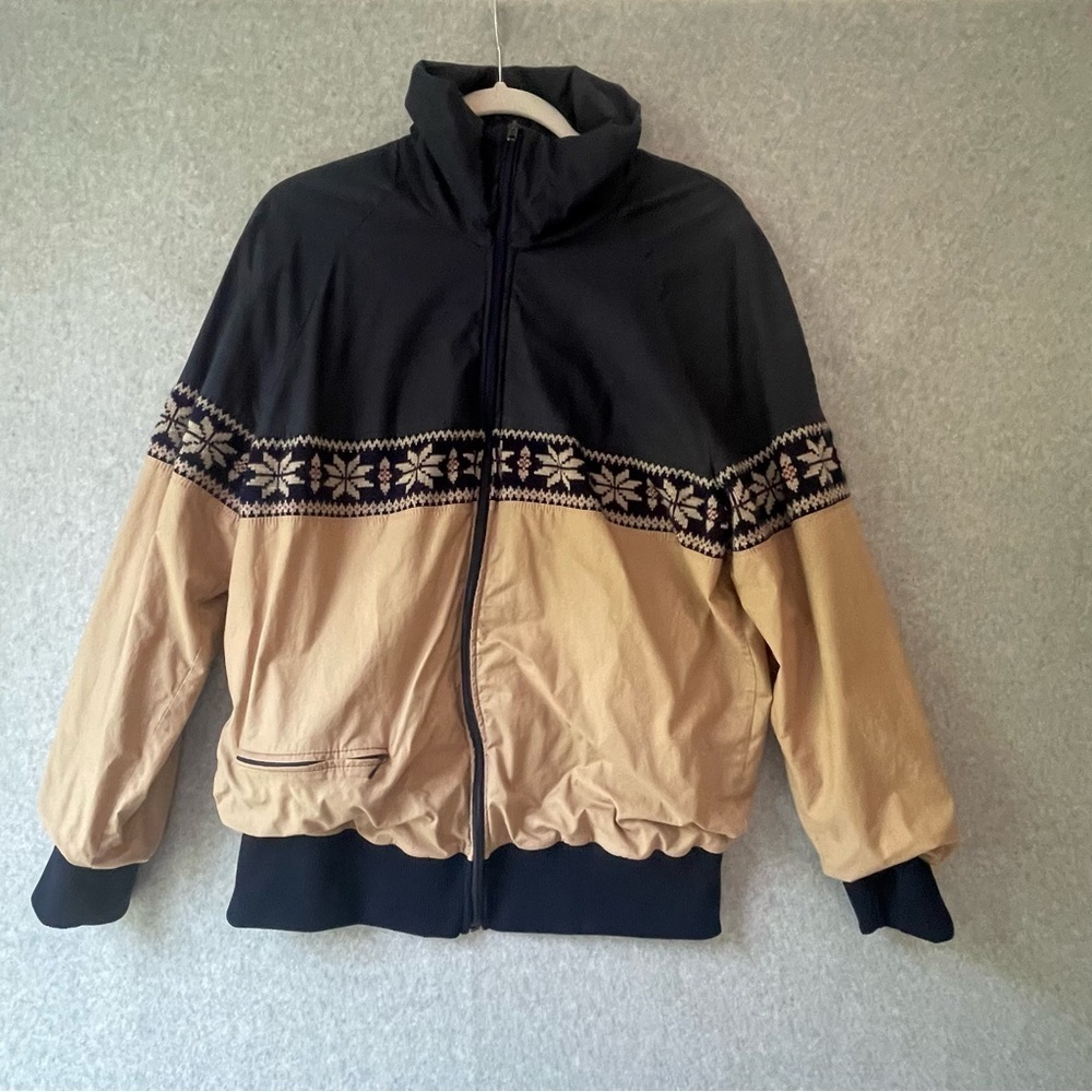 Navy Blue Tan Knit Jacket Medium